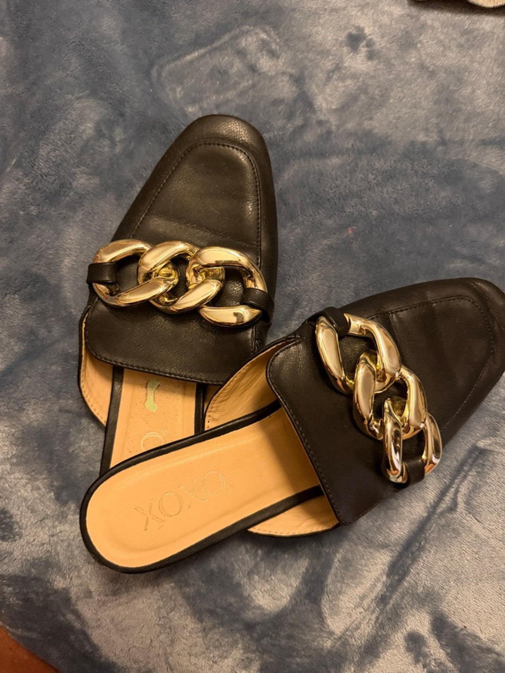 XOXO Black Slip-On Mules with Gold Chain Accent